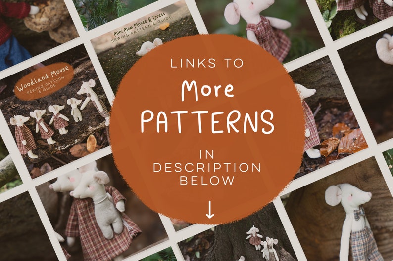 Puede incluir: Un collage de im&aacute;genes con mu&ntilde;ecos de rat&oacute;n de tela hechos a mano que llevan vestidos y petos de cuadros. Un gran c&iacute;rculo naranja central contiene el texto blanco: LINKS TO More PATTERNS IN DESCRIPTION BELOW con una flecha hacia abajo.