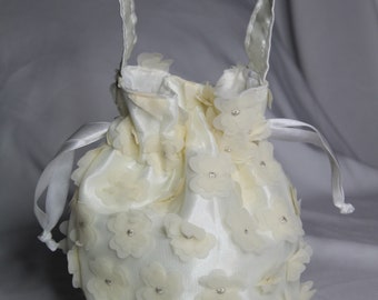 First Holy Communion Handmade Satin Bag - Ribbon drawstring / Wrist Purse - White/Ivory/Sequin/Lace/Flower