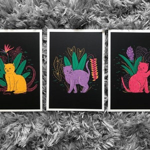 Set of 3 Cat & Tropical Flowers | Art Prints by Diana Mora. Colorful wall art to bring joy to your home. Nature inspired.