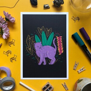 Cat & Heliconia Flower | Art Print by Diana Mora. Colorful wall art to bring joy to your home. Nature inspired.