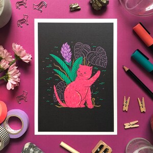 Cat & Red Ginger Flower | Art Print by Diana Mora. Colorful wall art to bring joy to your home. Nature inspired.