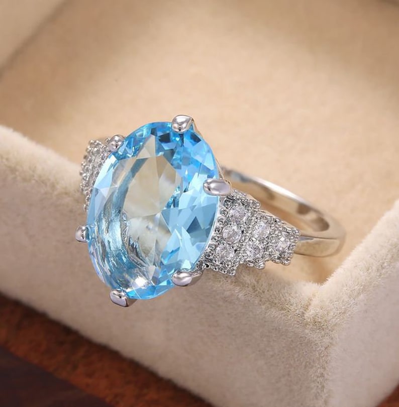 Sky Blue Ring Prong Setting Ring. Rings For Women Engagement Ring Blue Ring Wedding Ring Love Ring Sky Blue Oval Ring