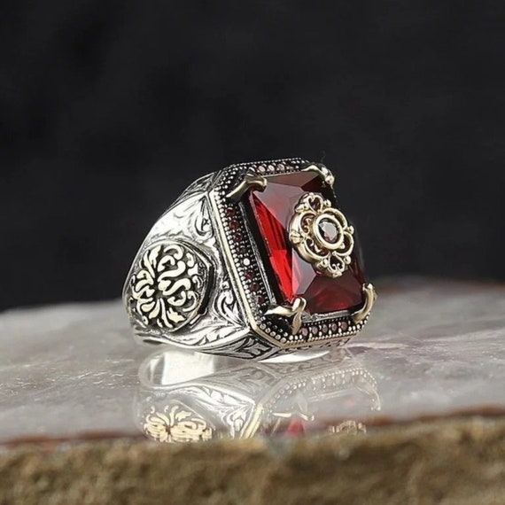 Signet Mens Ring Emerald Cut Ruby Ring Pigeon Blood Ruby - Etsy