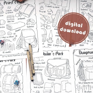 Pacotes de equipamentos DND | Conjunto completo de páginas para colorir com auxílio visual | Download digital | Apostilas dos Jogadores | Compatível com D&D 5E