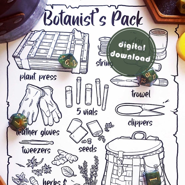 Botanist's Pack | Visual Aid Coloring Page | Digital Download | Homebrew D&D 5e Compatible