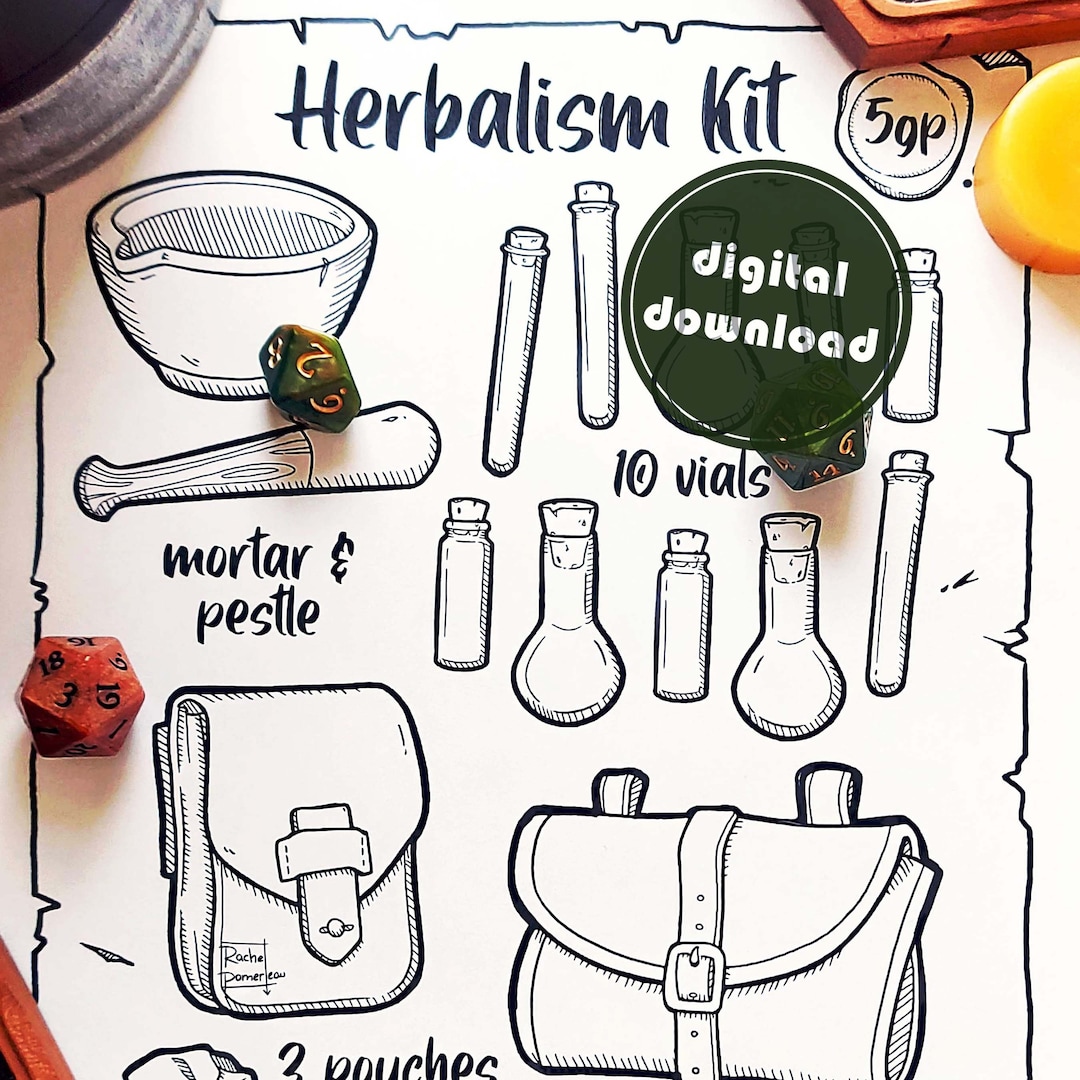 Herbalism Kit Visual Aid Coloring Page Digital Download D&D 5e