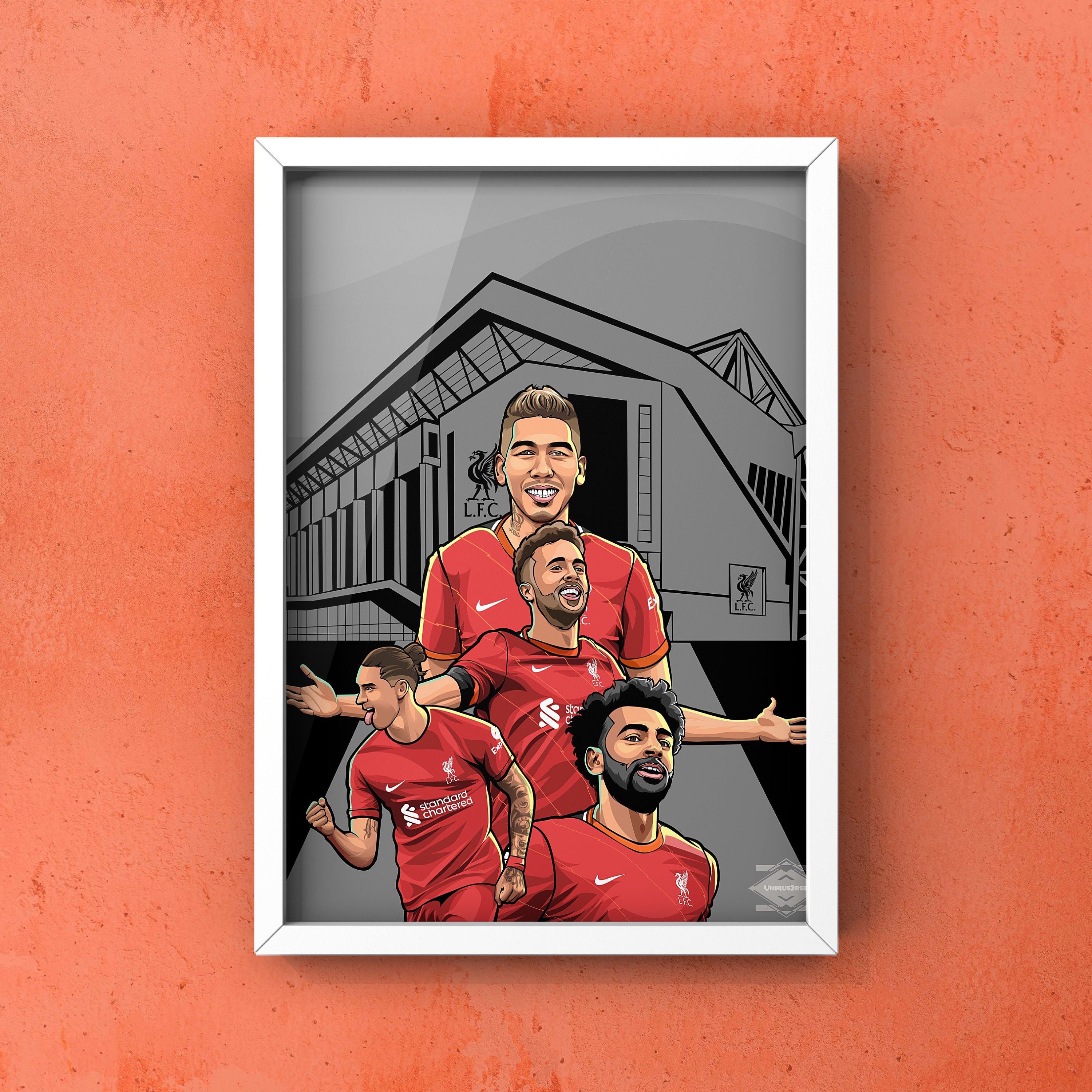 Discover Liverpool Fan Art Poster for English Premier League includes Mo Salah , Diogo Jota, Darwin Nunez, Firmino