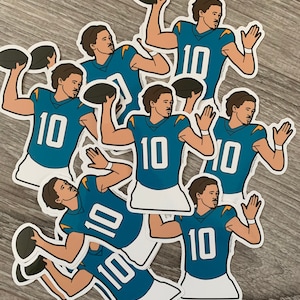 May include: Multiple stickers of a football player wearing a blue jersey with the number 10 on it. The player is throwing a football.