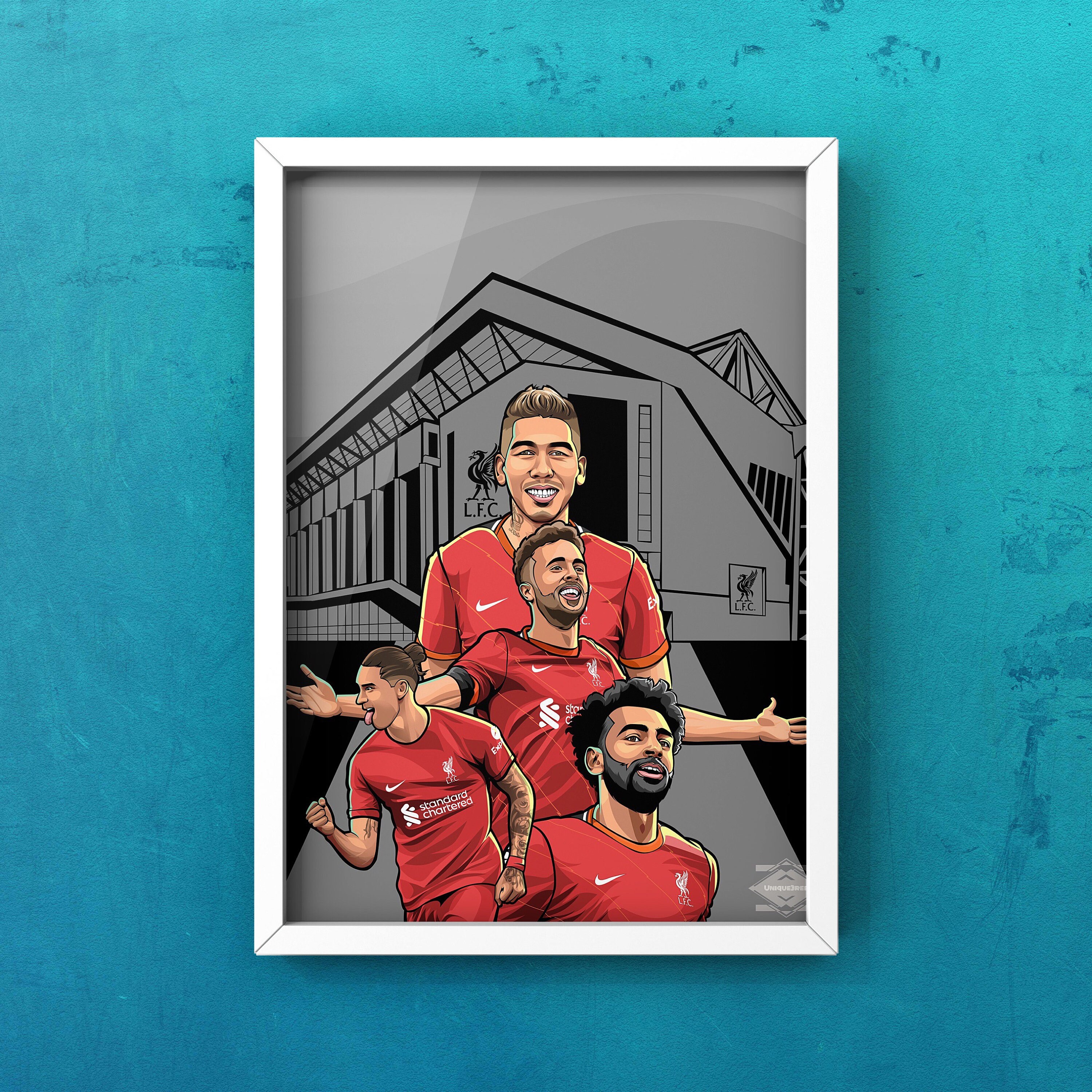 Discover Liverpool Fan Art Poster for English Premier League includes Mo Salah , Diogo Jota, Darwin Nunez, Firmino