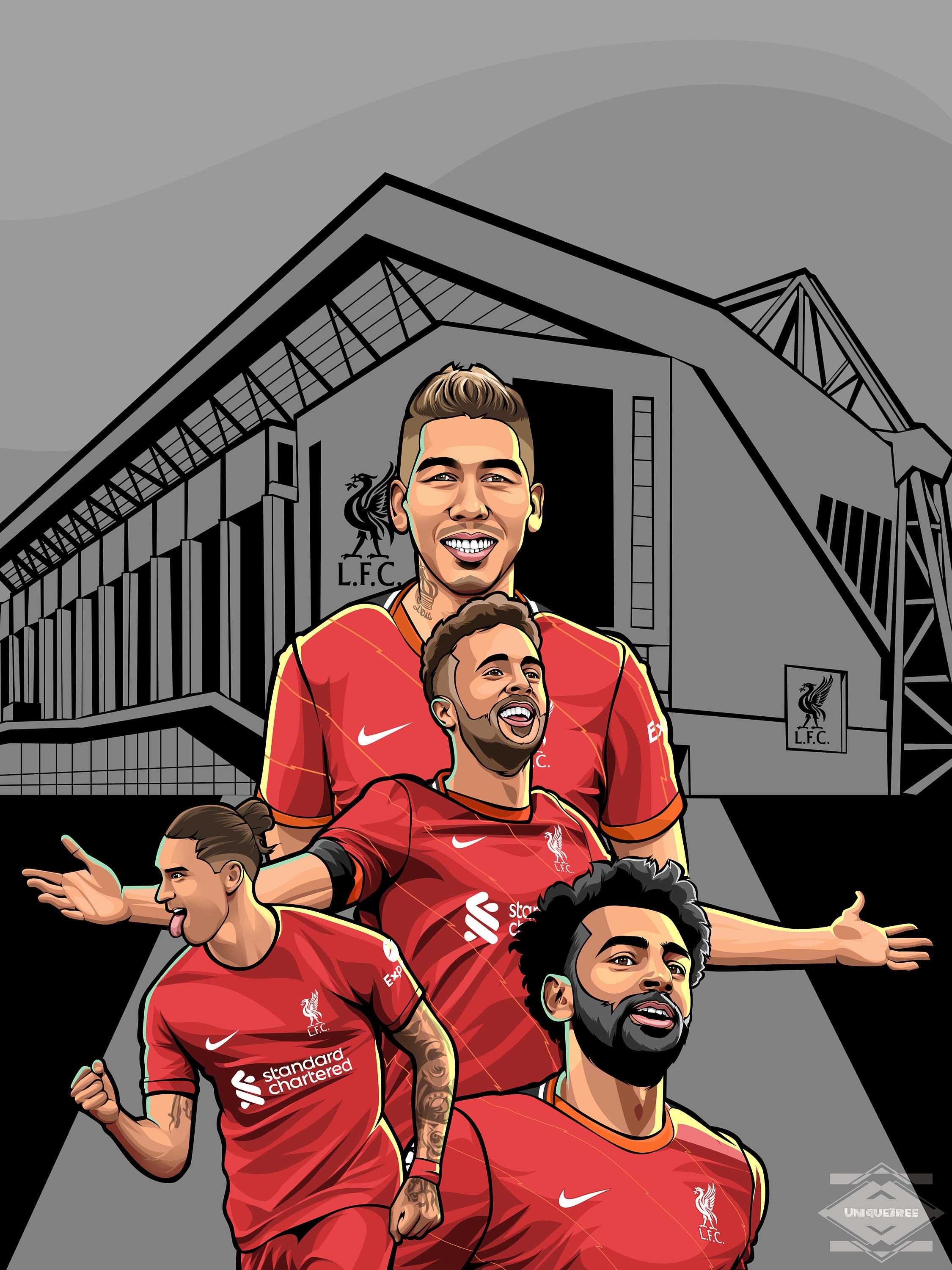 Discover Liverpool Fan Art Poster for English Premier League includes Mo Salah , Diogo Jota, Darwin Nunez, Firmino