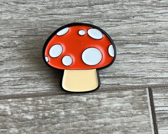 Mushroom emoji pin, soft enamel. Stocking stuffer fun jacket accessory