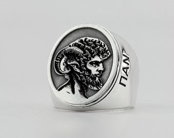 Customizable Greek Mythology Ring, Unique Design with Your Image, Greek Mythology Silver Ring with Pan, God of Nature and Wilderness