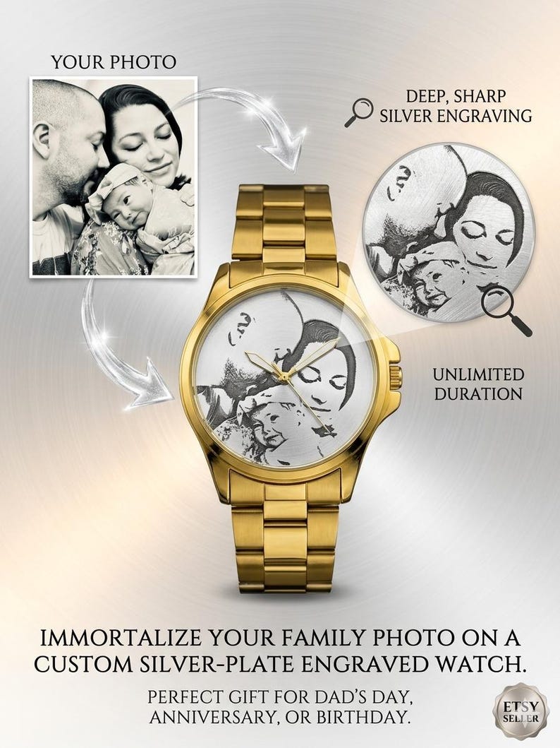 Puede incluir: Un reloj de pulsera dorado con una foto familiar grabada a medida en la esfera. El reloj tiene una correa dorada y una esfera redonda. La imagen muestra una foto familiar en blanco y negro. El texto en la imagen dice "IMMORTALIZE YOUR FAMILY PHOTO ON A CUSTOM SILVER-PLATE ENGRAVED WATCH."