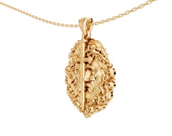 Gold Jesus and Lion Necklace, Lion of Judah Cross Pendant,18K Gold Christian Jewelry, Religious Sword Cross Medal,Faith Jewelry Gift for Men