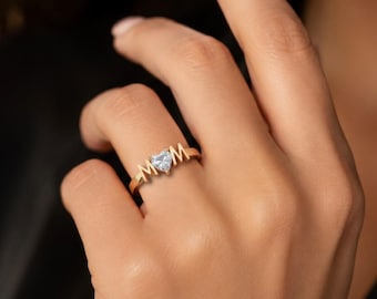 14K Solid Gold MOM Ring, Heart CZ Stone Gold Mom Ring, Dainty Mother's Day Gift, Heart Stone Ring for New Mom, Real Gold Jewelry
