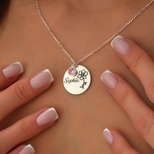 Personalisierte Silberkette mit Geburtsstein, individuell gravierte Namenskette, Sterlingsilber-Namenshalsketten-Geschenk für sie