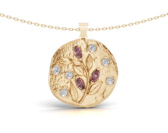 Custom Gemstone Olive Branch Coin Necklace, Textured Gold Medallion Pendant, Personalized Birthstone Botanical Jewelry, Nature Leaf Gift
