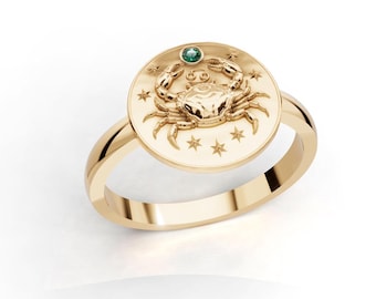 Custom Zodiac Signet Ring,Personalized Astrology Constellation Ring with Birthstone,Gold Horoscope Medallion Jewelry, Celestial Gift for Her