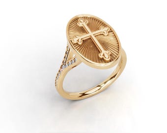 Oval Cross Ring Sterling Silver, Gold Religious Signet Ring Women, Fleur de Lis Christian Ring, Faith Jewelry, Unique Baptism Gift for Her