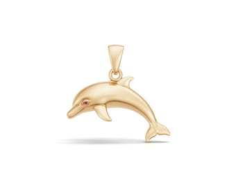 18K Gold Dolphin Pendant Necklace, Gold Dolphin Charm with Pink Gemstone Eye, Dainty Ocean Animal Jewelry, Marine Life Charm, Gift for Her