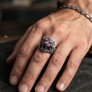 Sterling Silver Lion Head Ring, Ruby Eyes & Nose, Men's Statement Ring, Handmade Jewelry, Lion Jewelry, Gothic Style, Made in Turkey