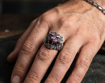 Sterling Silver Lion Head Ring, Ruby Eyes & Nose, Men's Statement Ring, Handmade Jewelry, Lion Jewelry, Gothic Style, Made in Turkey