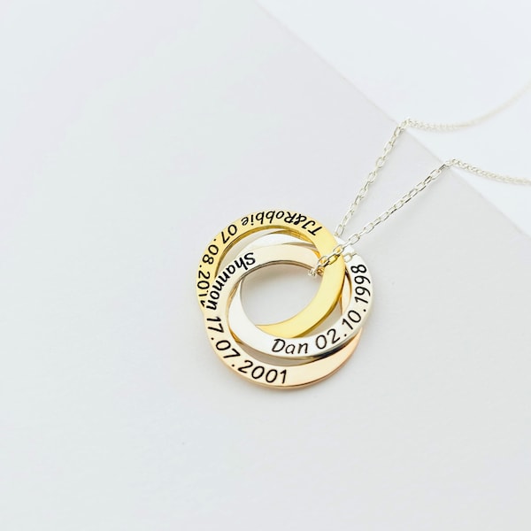 Personalized Silver Mother Name Necklace,Custom Russian Ring Necklaces,Engraved Circles Necklace with Children Name,Personalized Gift