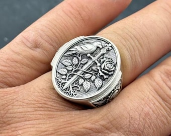 925 Sterling Silver Sword and Rose Ring, Gothic Bird Signet Ring for Men, Engraved Dagger Oval Ring, Unique Medieval Jewelry, Gift for Him