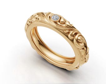 Vintage Floral Gold Ring for Women, Antique Scroll Engraved Wedding Band, Bezel Diamond Stacking Ring, Victorian Style Fine Jewelry Gift