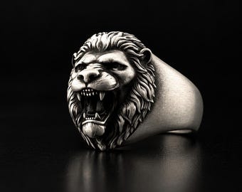 Gold Lion Head Ring Men, 925 Sterling Silver Roaring Lion Signet Ring, 14K Gold Animal Statement Jewelry, Detailed Men's Lion Crest Ring