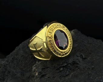 Anillo de obispo personalizado, anillo cristiano, anillo de cruz de oro, anillo de obispo personalizado de oro de 18 quilates con cruz y piedra preciosa, anillo con nombre y título personalizado