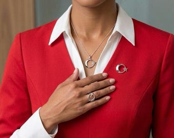 Turkish Crescent Star Jewelry Set, Ay Yildiz Necklace Ring Pin Set, Turkish Symbol Gift for Women, Patriotic Jewelry , 3 Piece Matching Set