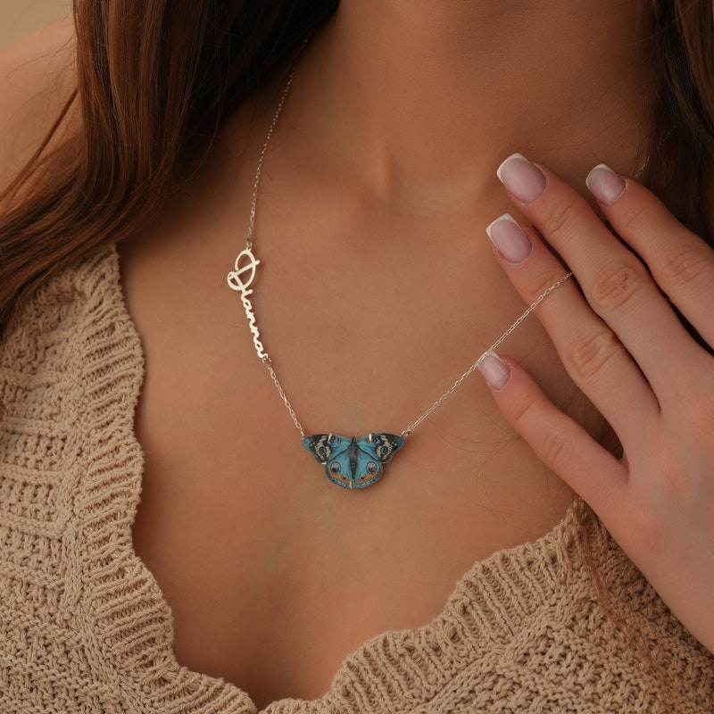Personalized Name Butterfly Necklace, Sterling Silver Jewelry, Dainty Letter Pendant, Christmas Day, Gift for Her, Red/Green/Blue Butterfly
