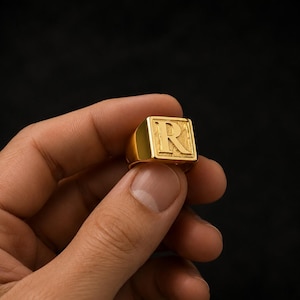 Anpassad initialring, personlig bokstavsring för män och kvinnor, fyrkantig monogramring, 14k guld anpassad lillfingring, julklapp
