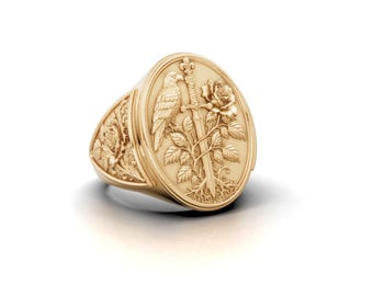 Raven Sword Signet Ring for Men, Detailed Rose & Raven Gold Ring, Gothic Statement Jewelry, Medieval Sword Engraved Ring, Gift for Him
