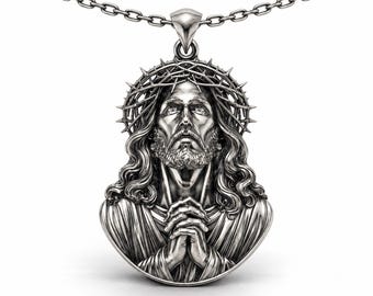 Solid 925 Sterling Silver Jesus Piece Pendant, Praying Jesus Crown of Thorns Necklace, Christian Religious Jewelry, Gift for Him