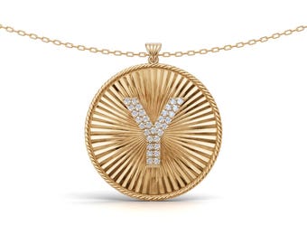 Custom Initial Necklace Gold Diamond Letter Pendant, Sunburst Coin Medallion Necklace, Personalized Alphabet Jewelry, Birthday Gift for Her