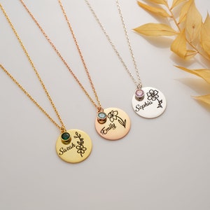 Colar de disco delicado, presente para ela, presente do coração, colar com nome de pedra de nascimento personalizado, colar de flor de nascimento, presente para a mãe, floral de nascimento