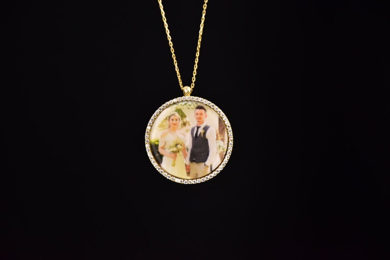 Personalized Custom Circle Gold Photo Necklace In Memory With Zircon, Necklace Pendant, Photo Necklace, Photo Pendant, Mother's Day Gift, 