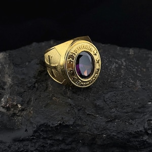 Personalized 18K Gold Bishop Ring With Cross & Gemstone – Custom Name ...