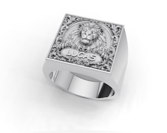 Custom Lion Signet Ring, Personalized Name Lion Head Ring for Men, Engraved 925 Silver Lion Crest Ring, 18K Gold Animal Ring, Gift for Him