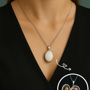Personalized Silver Photo Locket Necklace – Oval Locket Holds 2 Pictures – Custom Engraved Keepsake Gift for Women, Mothers Day Gift