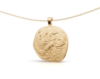 Gold Zodiac Necklace, Gold Coin Astrology Pendant, Personalized Leo Scorpio Star Sign Jewelry, Celestial Medallion Gift, Birthday Jewelry