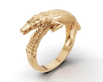 Gold Alligator Ring, 18K Gold Crocodile Ring, Realistic Reptile Jewelry, Statement Animal Ring, 3D Crocodile Band, Unique Men Women Gift