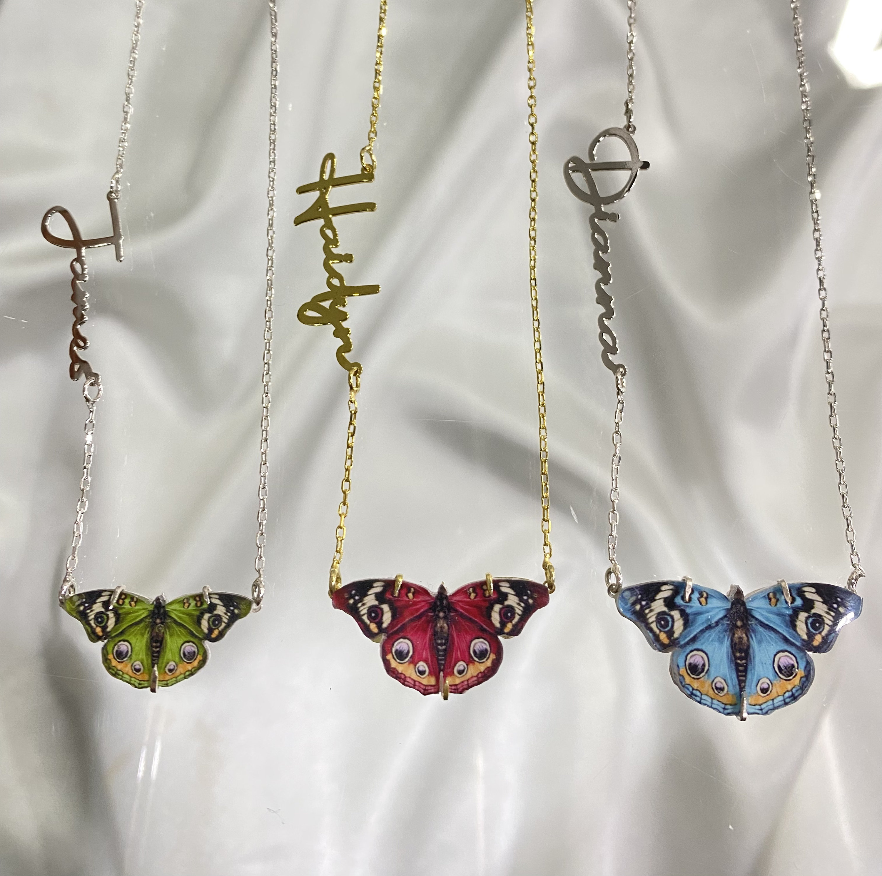 Personalized Name Butterfly Necklace, Sterling Silver Jewelry, Dainty Letter Pendant, Christmas Day, Gift for Her, Red/Green/Blue Butterfly