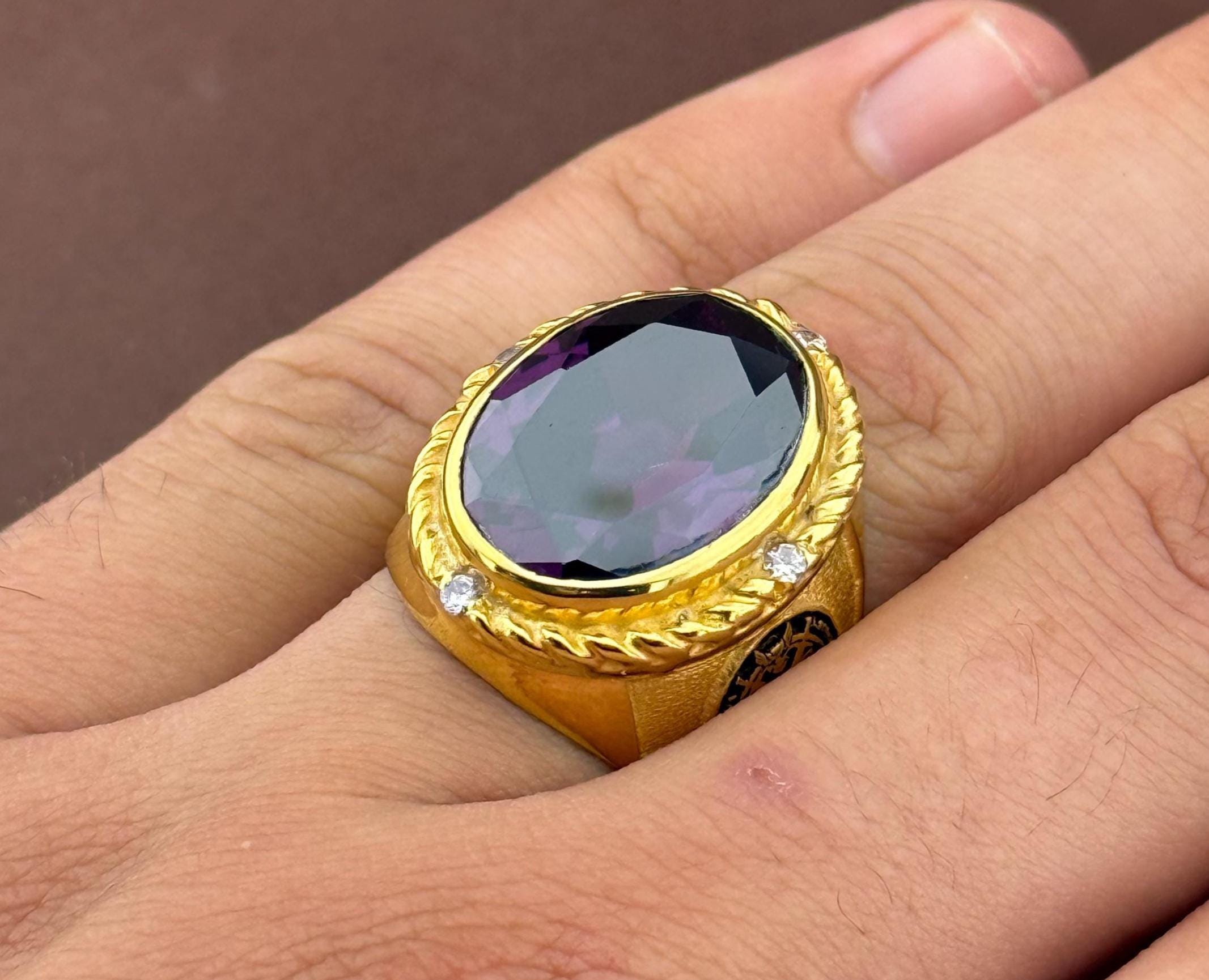 Custom Episcopal Amethyst Ring – Large Purple Gemstone with Episcopal Seal – Gold-Plated Sterling Silver – Religious Statement Jewelry