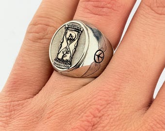 Memento Mori Silver Signet Ring with Hourglass Skull Design and Initials, Christmas gift, personalized silver jewelry, Gift for him