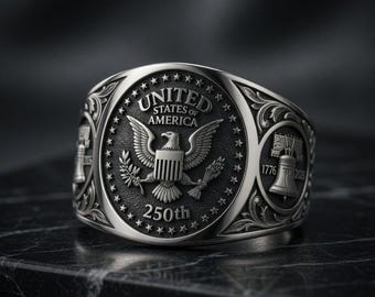 US 250th Anniversary Ring | 1776 2026 Semiquincentennial Jewelry, Custom Sterling Silver Eagle Signet Ring | Liberty Bell Commemorative Ring
