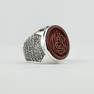 Red Agate Islamic Ring with "La Galibe Illallah" Engraving, Felak & Nas Prayers on Sides, Protective Silver Jewelry for Men