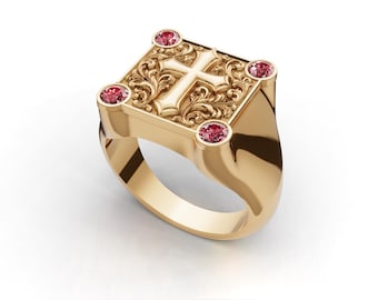 Gold Cross Signet Ring for Men, Engraved Christian Cross Ring with Pink Ruby Stones, Vintage Medieval Square Signet, Religious Gift for Him